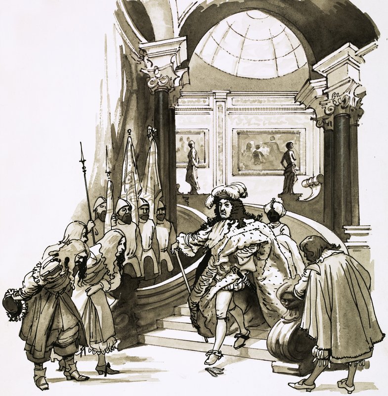 Ludvig XIV går ner för trappan i Versailles av English School