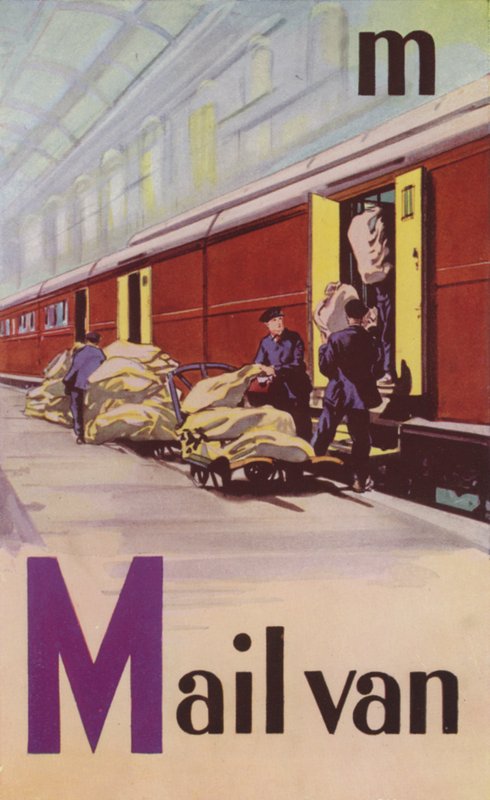 M, postbil (färg litho) av English School