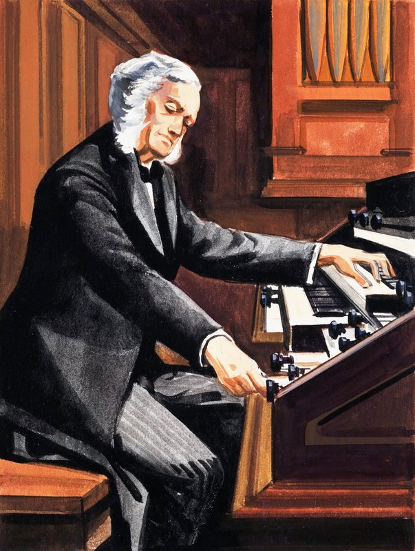 Man som spelar orgel av English School