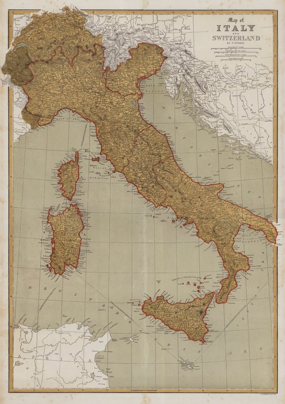 Karta över Italien och Schweiz (färg litho) av English School