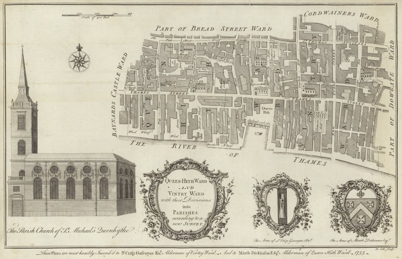 Karta över avdelningarna Queenhithe och Vintry, London av English School