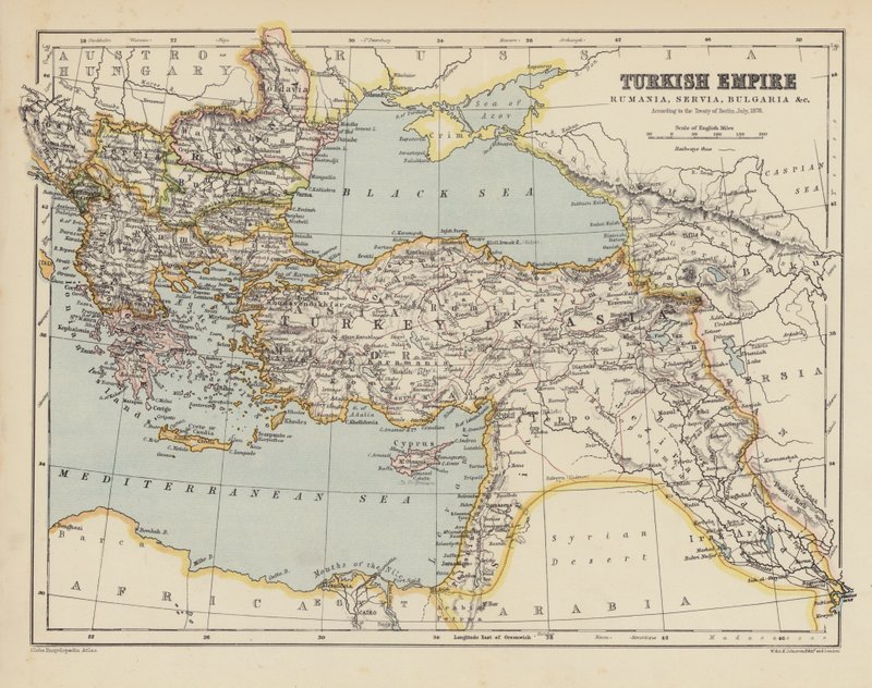 Karta över det ottomanska riket (färglitografi) av English School