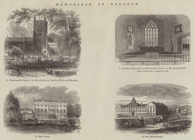 Minnesmärken över Boulton (gravyr) av English School