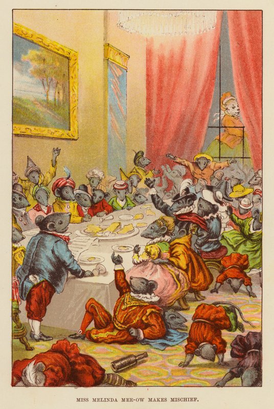Miss Melinda Mee-ow gör mischief (färg litho) av English School
