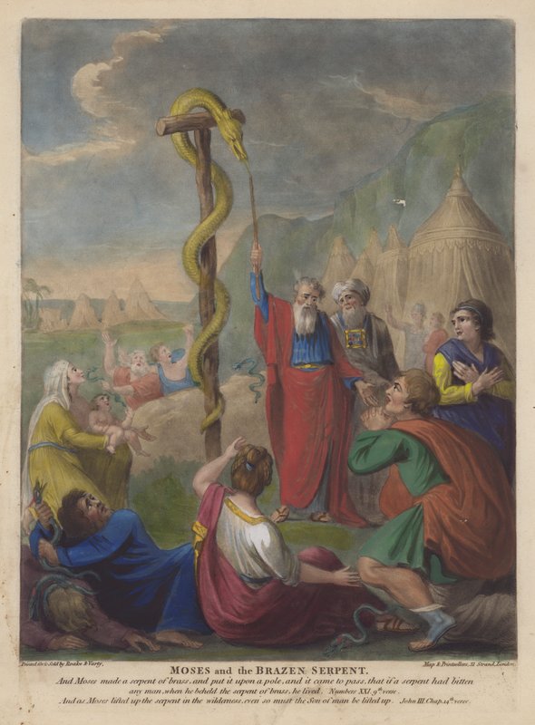 Moses and the Brazen Serpent (färg litho) av English School