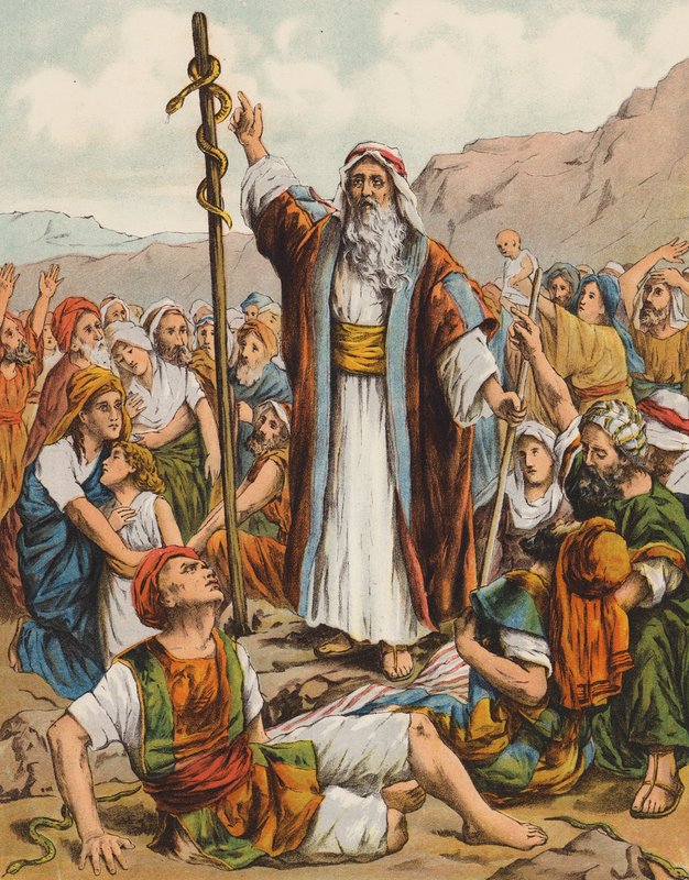 Moses och ormen av mässing (färglitografi) av English School