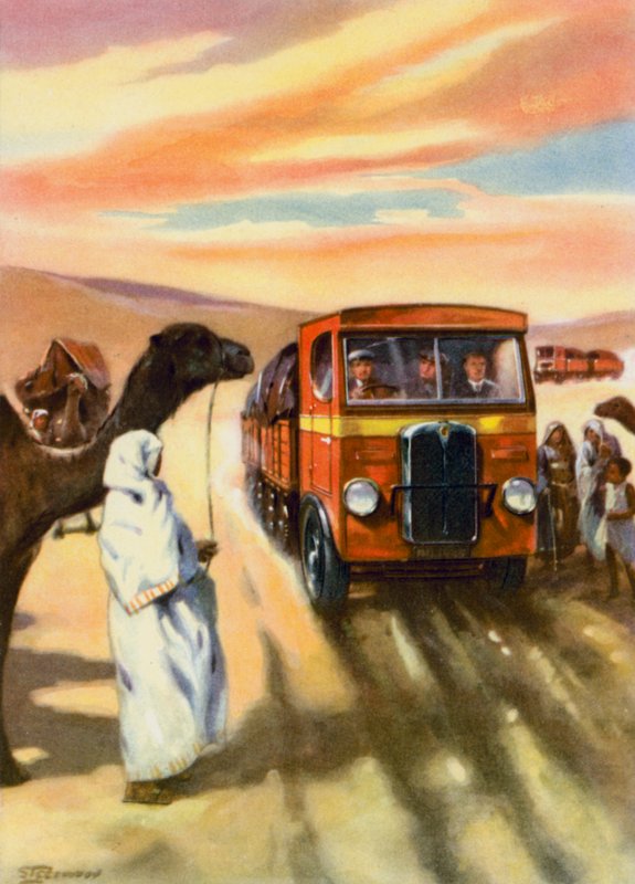 Bilkörning genom öknen (färglitografi) av English School