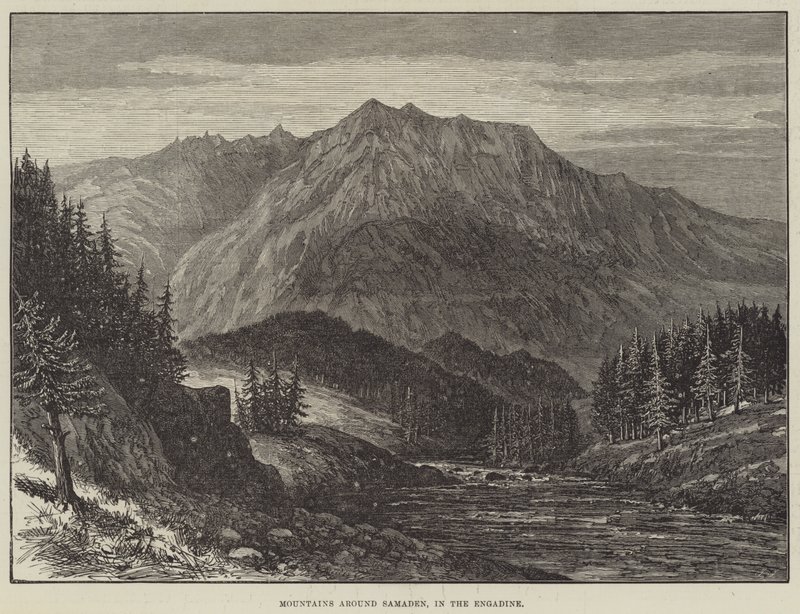 Berg runt Samaden, i Engadin (gravyr) av English School