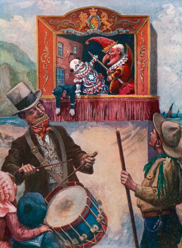 Mr Punch at the seaside (färg litho) av English School