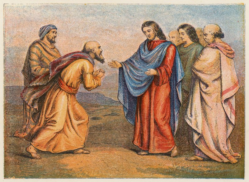 Nathaniel förd till Jesus (färglitografi) av English School