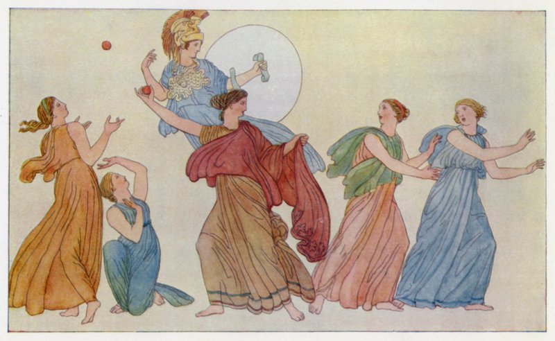 Nausicaa kastar bollen (färg litho) av English School