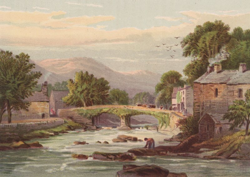 Norr om Wales, Beddgelert (färg litho) av English School