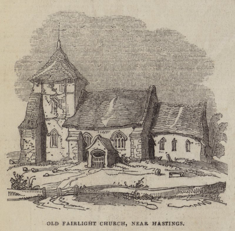 Old Fairlight Church, nära Hastings (gravyr) av English School