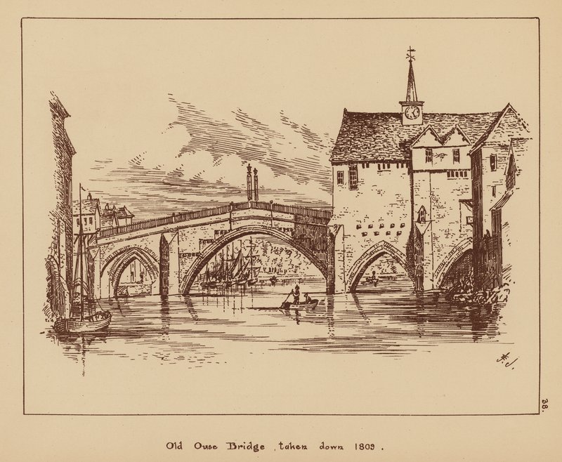 Old Ouse Bridge, nedtagen 1809 (litografi) av English School
