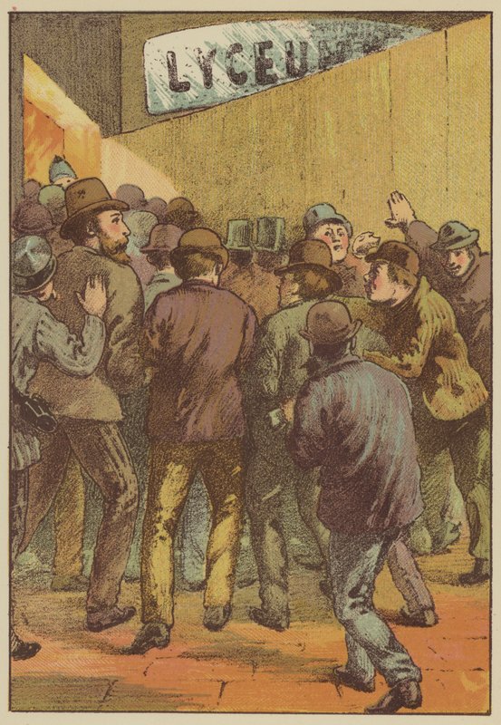 Utanför teatern (färgad gravyr) av English School