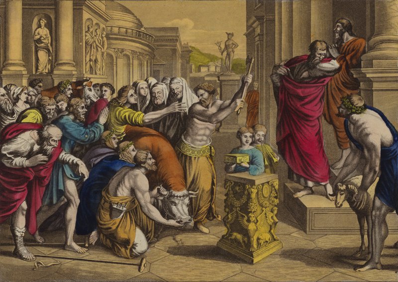Paulus och Barnabas i Lystra (färg litho) av English School