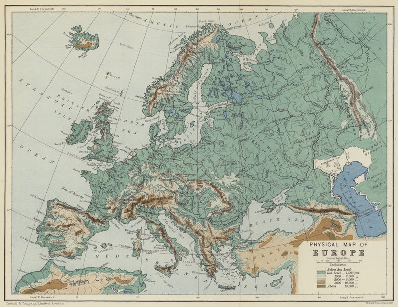 Fysisk karta över Europa (färglitografi) av English School