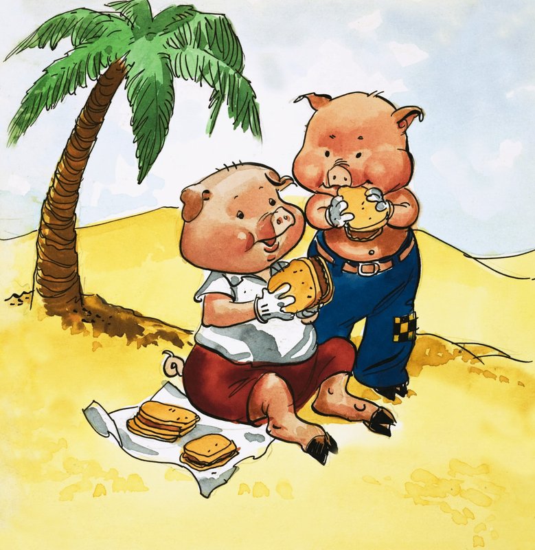Grisar picknick på en öde ö av English School