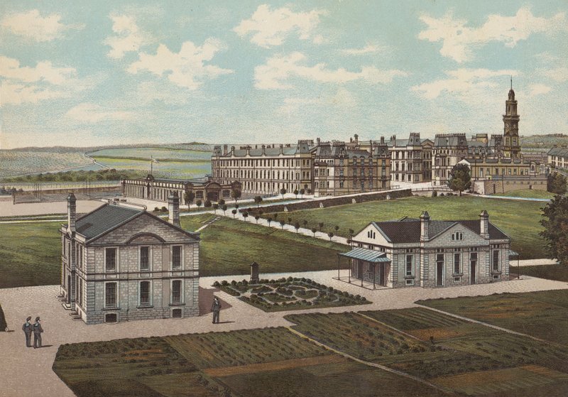 Plymouth: Royal Naval Barracks (färg litho) av English School