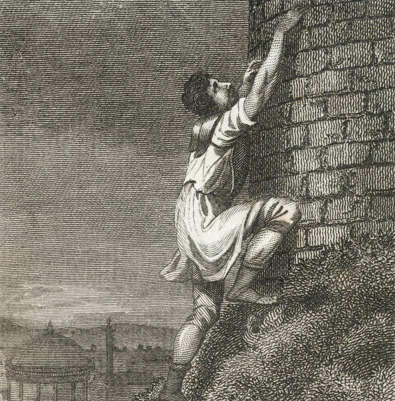 Pontius Comminius klättrar upp till citadellet (gravyr) av English School
