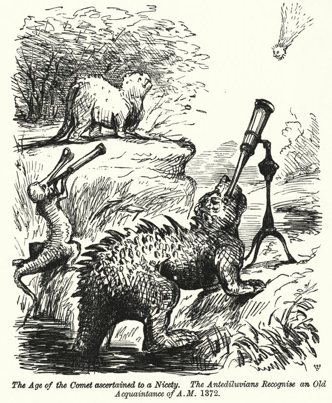 Punch tecknad: dinosaurier tittar på en komet (gravyr) av English School