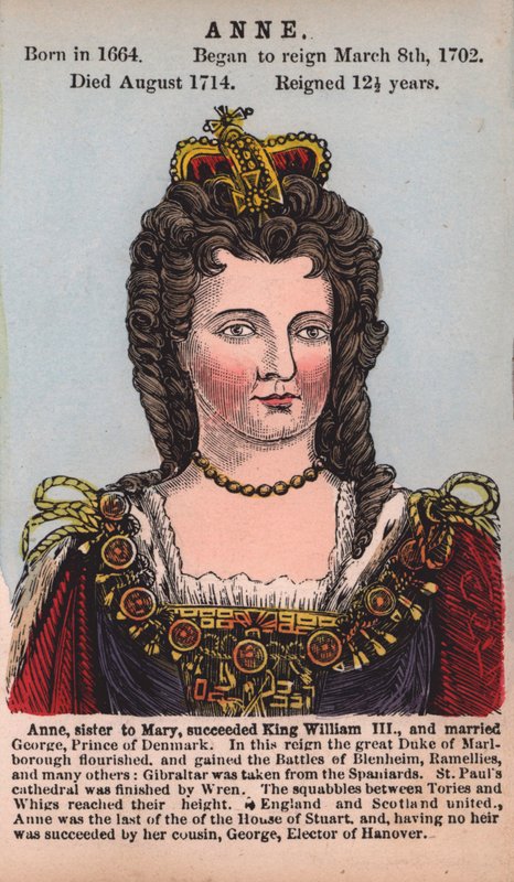 Queen Anne (färgad gravyr) av English School