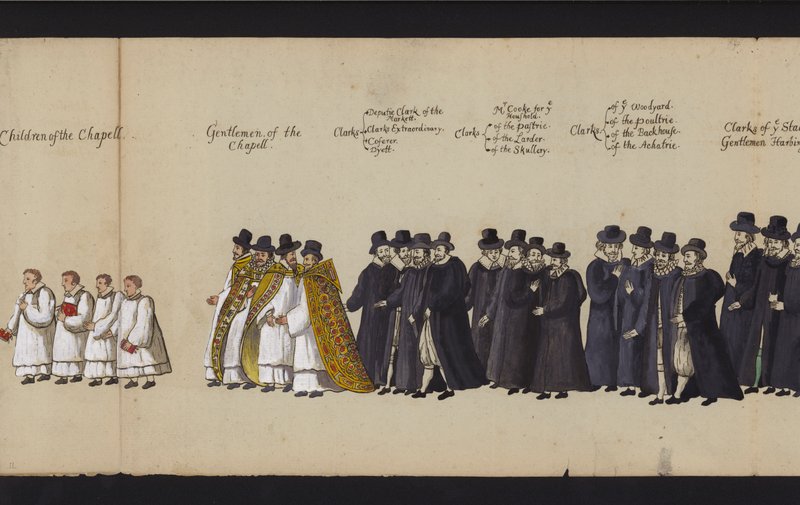 Drottning Elizabeth I:s begravningsprocession (färgad gravyr) av English School