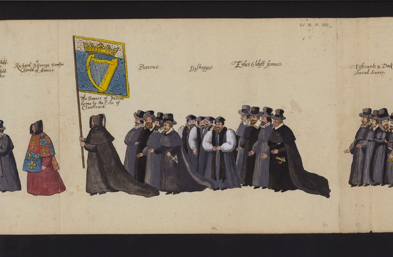 Drottning Elizabeth I:s begravningsprocession (färgad gravyr) av English School