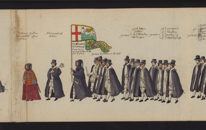 Drottning Elizabeth I:s begravningsprocession (färgad gravyr) av English School