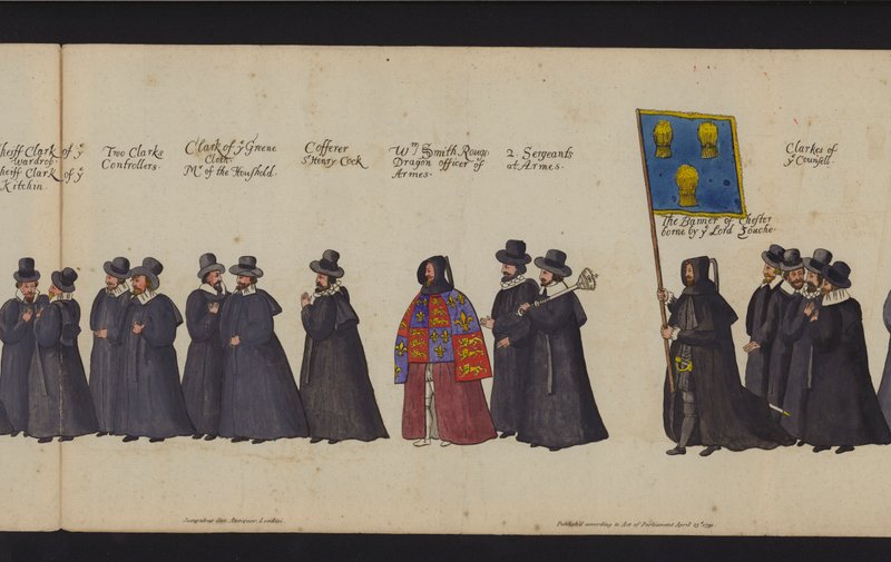 Drottning Elizabeth I:s begravningståg (färgad gravyr) av English School
