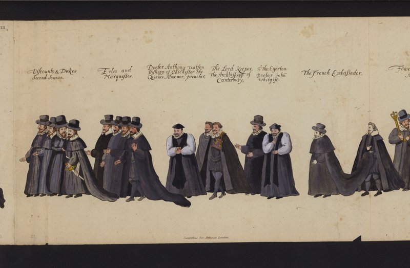 Drottning Elizabeth I:s begravningståg (färgad gravyr) av English School