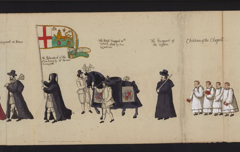 Drottning Elizabeth I:s begravningståg (färgad gravyr) av English School