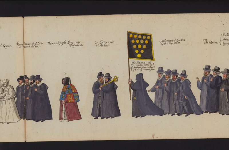 Drottning Elizabeth I:s begravningsprocession (färgad gravyr) av English School