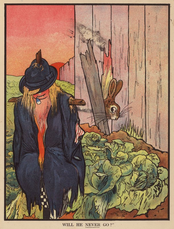 Kanin förvirrad av en fågelskrämma (färg litho) av English School