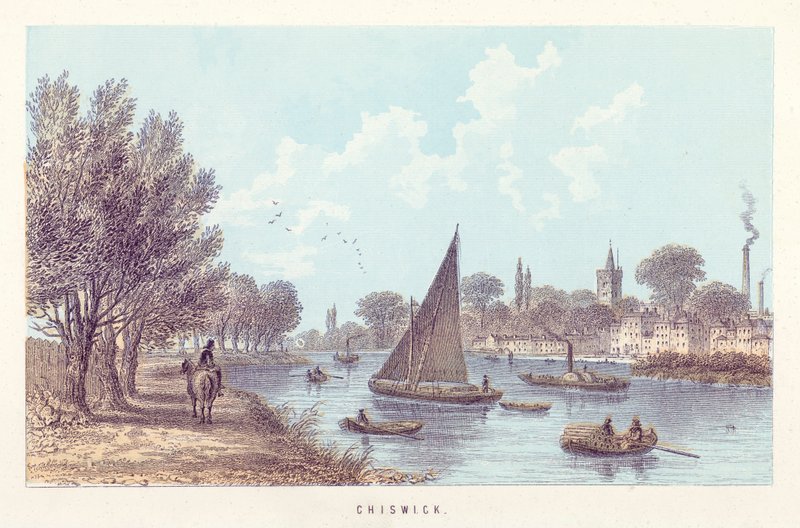 Themsen: Chiswick (färgad gravyr) av English School