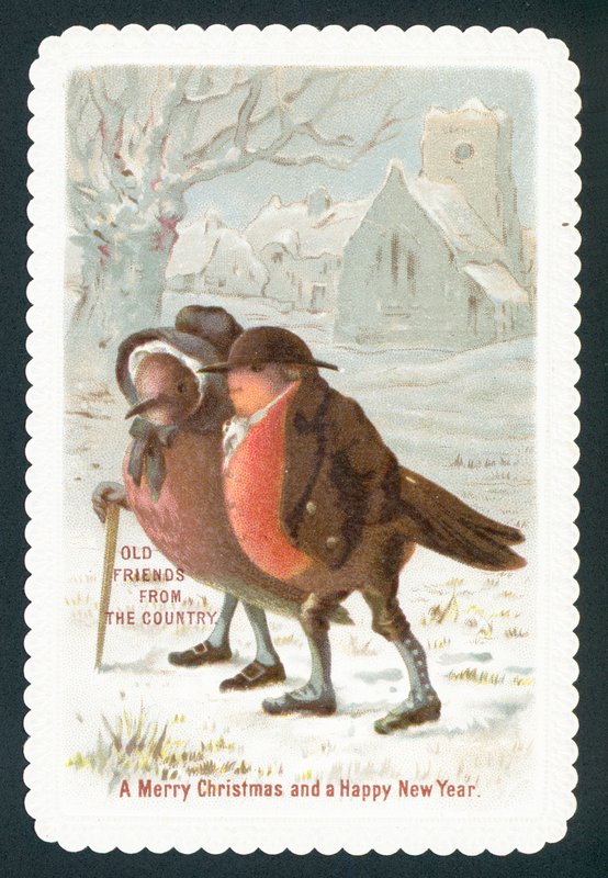 Robins bär kläder, julkort av English School