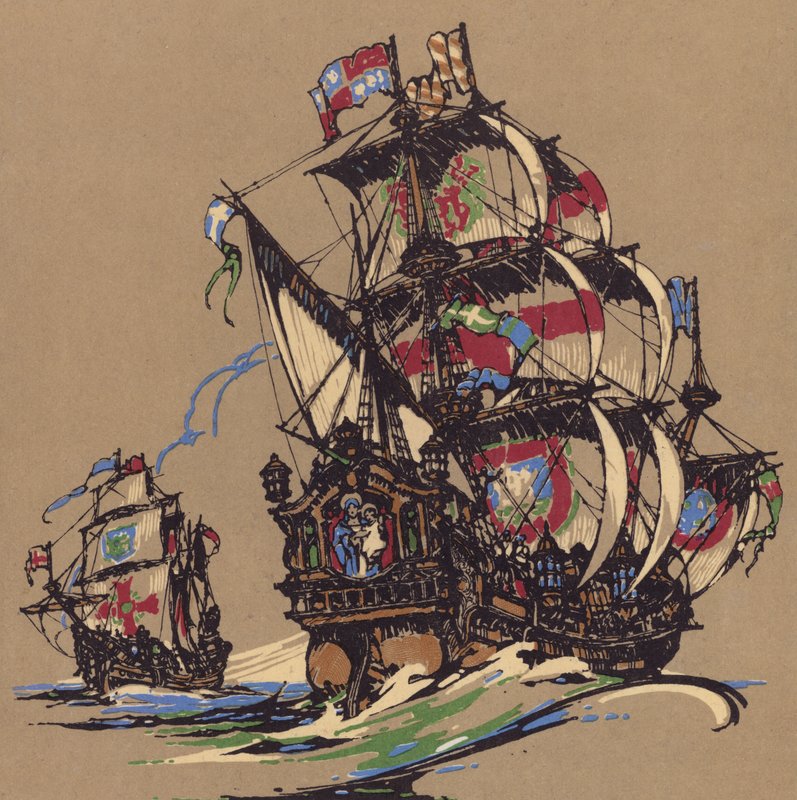 Segelfartyg (färg litho) av English School