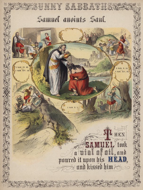 Samuel smörjer Saul (färgad gravyr) av English School