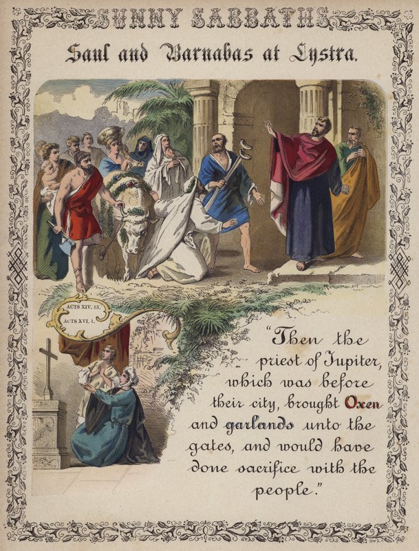 Saul och Barnabas i Lystra (färgad gravyr) av English School