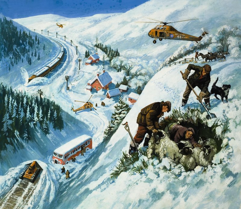 Snow Rescue (gouache på papper) av English School
