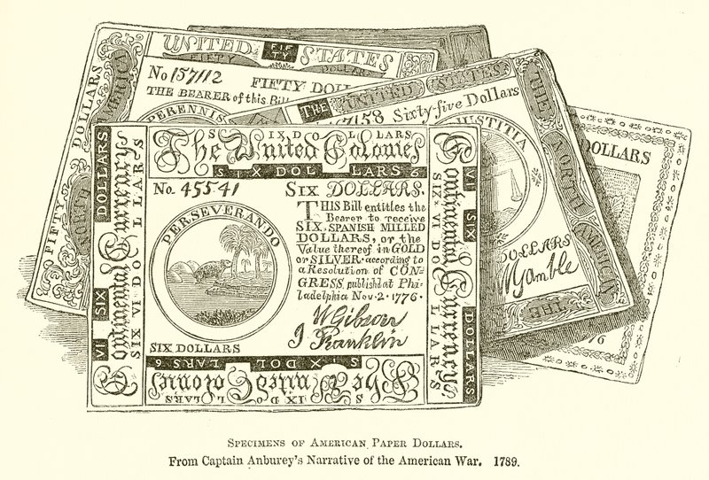 Exemplar av amerikanska pappersdollar av English School