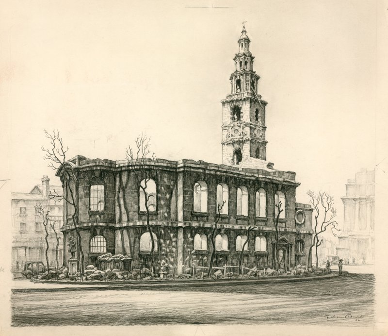 St Mary-Le-Strand, London, blyertsskiss daterad 1942 av English School