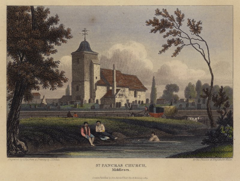 St Pancras Church, Middlesex (färgad gravyr) av English School