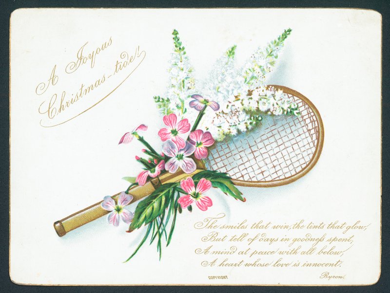 Tennisracket och blommor, julkort. av English School