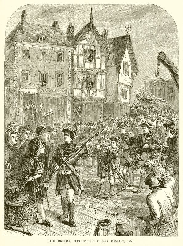 De brittiska trupperna går in i Boston, 1768 av English School