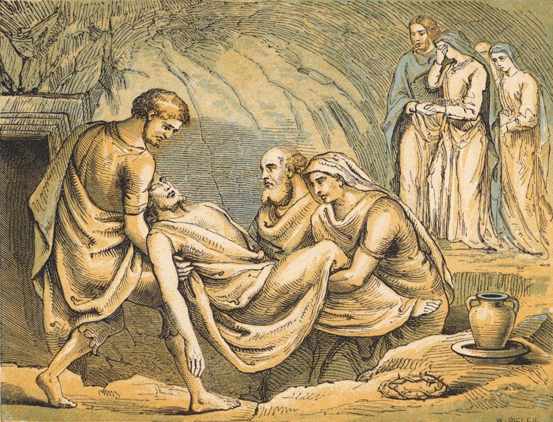 Jesu begravning (färgad gravyr) av English School