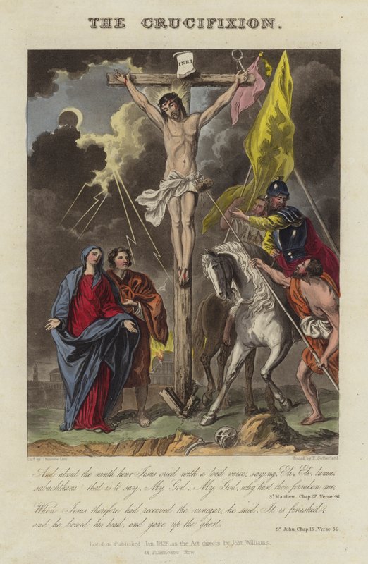 Jesu Kristi korsfästelse (färgad gravyr) av English School