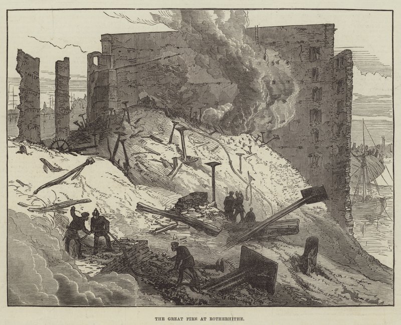 The Great Fire at Rotherhithe (gravyr) av English School