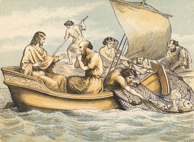 The Miraculous Draft of Fishes (färgad gravyr) av English School
