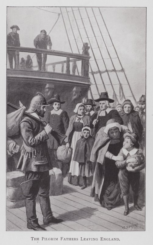 Pilgrimsfäderna lämnar England (litho) av English School